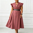 Elegant Summer Collar Elegant Double Breasted Short Sleeve Dress Morn