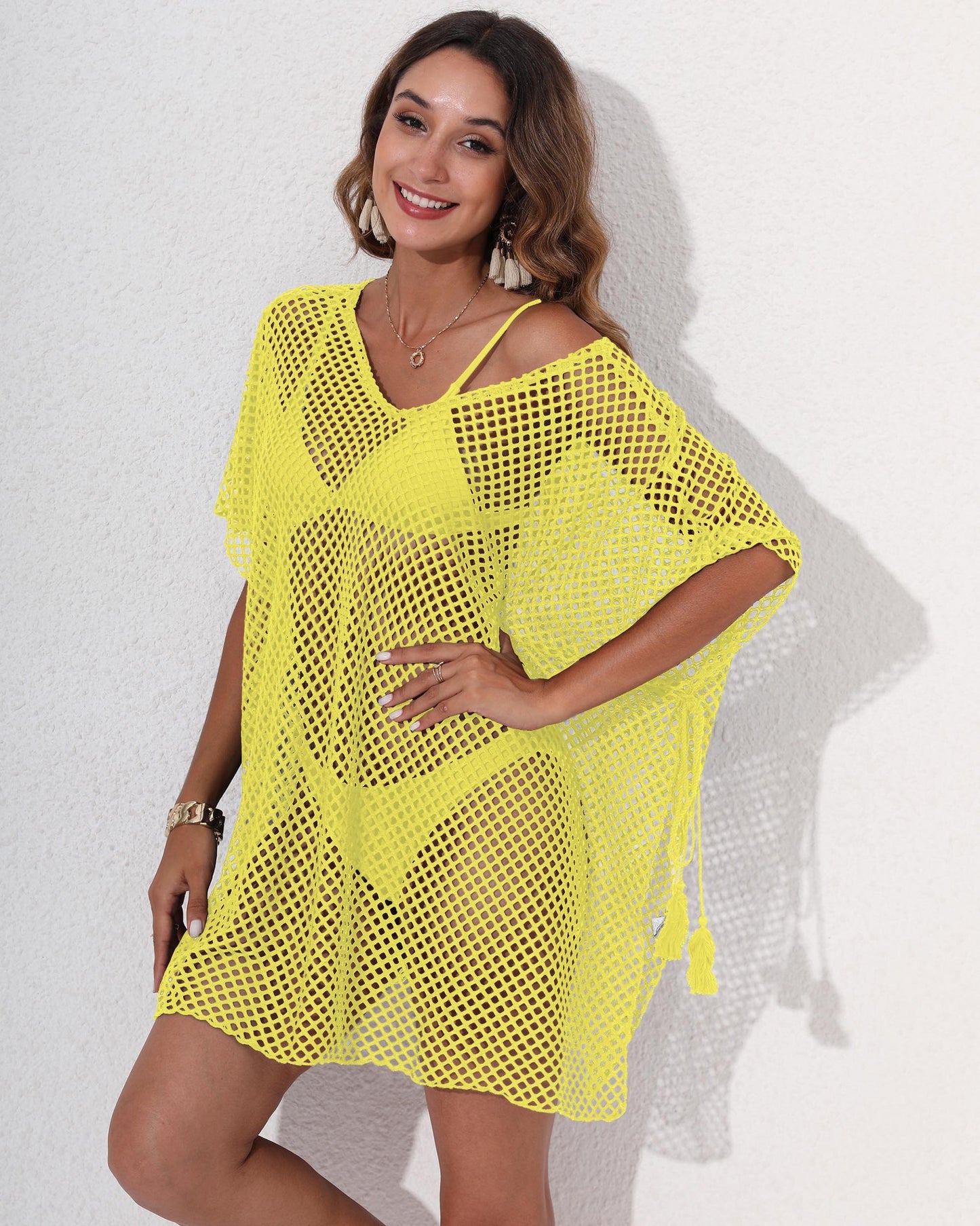 Grid Beach Cover up Women Clothing Loose Irregular Asymmetric Outer Wear Sexy See through Dress