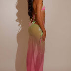Sexy Three Piece Set Swimsuit Gradient Color Mesh Backless T Back Women Chimie