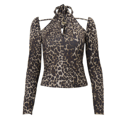 Women Clothing Autumn Sexy Vintage Leopard Print Halterneck Long Sleeved Sexy Top for Women
