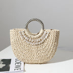 Retro Straw Bag Portable Semicircle Shell Handmade Straw Bag Woven Bag Women Seaside Vacation Beach Bag EaseWoven