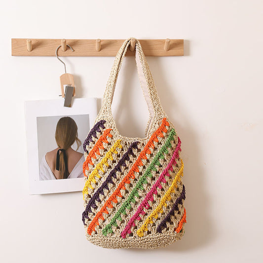 Bolso de paja con rayas de colores para el hombro, tejido con aberturas, para vacaciones y playa, informal, para mujer 