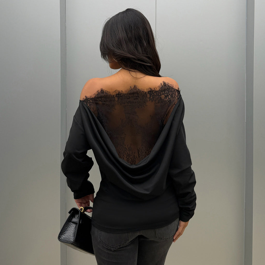 Black Sexy Lace Stitching Hollow Out Cutout out See through Backless Top Swing Collar off Shoulder Waist Controlled Long Sleeves T shirt LingSharp