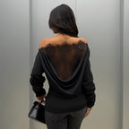 Black Sexy Lace Stitching Hollow Out Cutout out See through Backless Top Swing Collar off Shoulder Waist Controlled Long Sleeves T shirt LingSharp