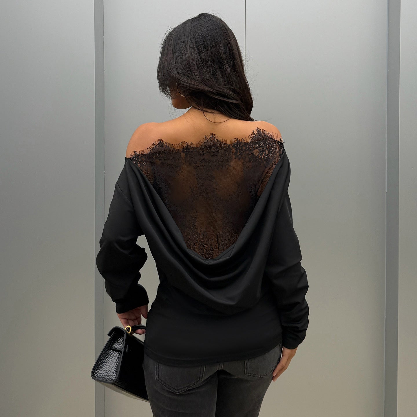 Black Sexy Lace Stitching Hollow Out Cutout out See through Backless Top Swing Collar off Shoulder Waist Controlled Long Sleeves T shirt LingSharp