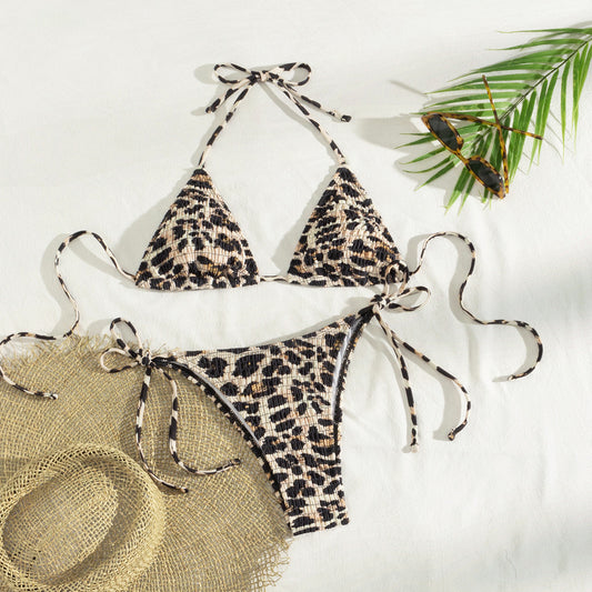 Bikini Printing Smocking Leopard Print Triangle Cup Sexy Split Bikini Swimsuit for Women