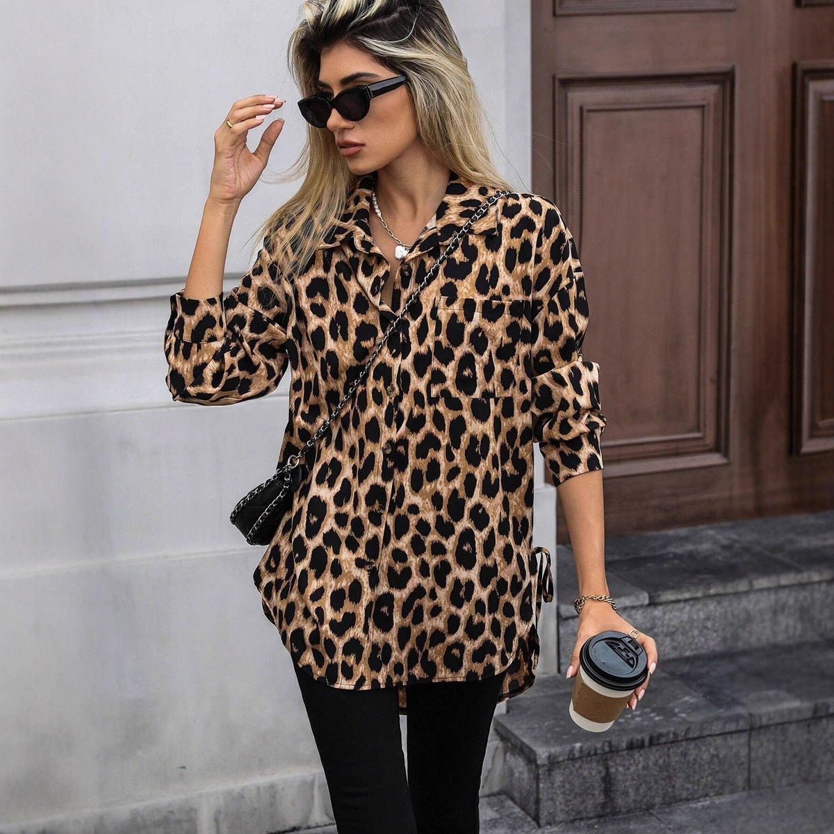Women Autumn Satin Leopard Print Shirt Printed Long Sleeve Long Shirt