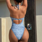 Traje de baño de una pieza con cuello halter y tirantes finos para mujer, estilo sexy, con personalidad retorcida