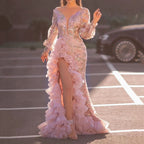 Robe de soirée rose sexy à traîne en résille et sequins, fendue, pour femme, collection automne.