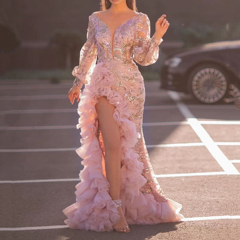 Robe de soirée rose sexy à traîne en résille et sequins, fendue, pour femme, collection automne.