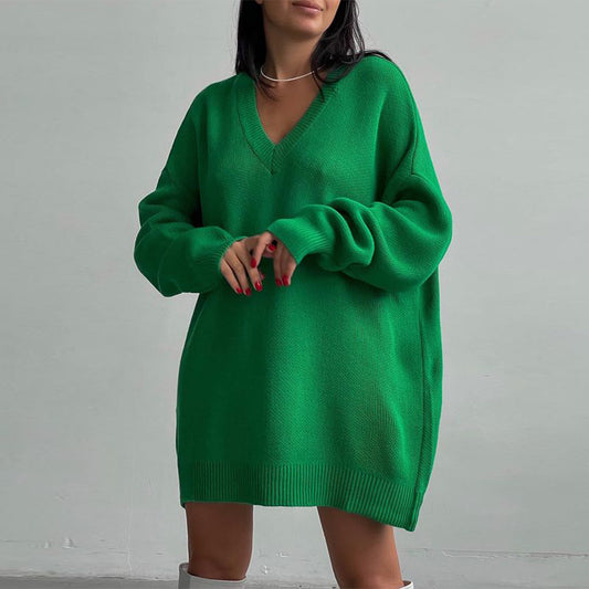 Suéter largo de punto holgado informal con cuello en V y manga larga para otoño e invierno para mujer