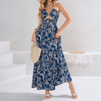 Summer Printed Halter Tied Dress Sexy Hollow Out Cutout Backless Beach Waist Slimming Maxi Dress SUNSHINE