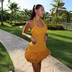 Vestido corto con borlas y tirantes de hilo tejido a mano para otoño e invierno