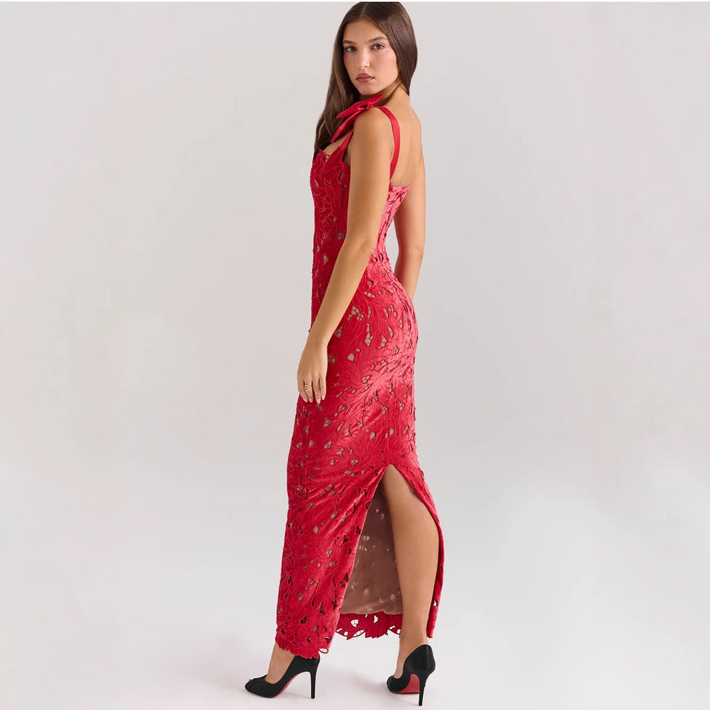 Vestido tubo con aberturas y bordado de encaje de alta gama para primavera y verano