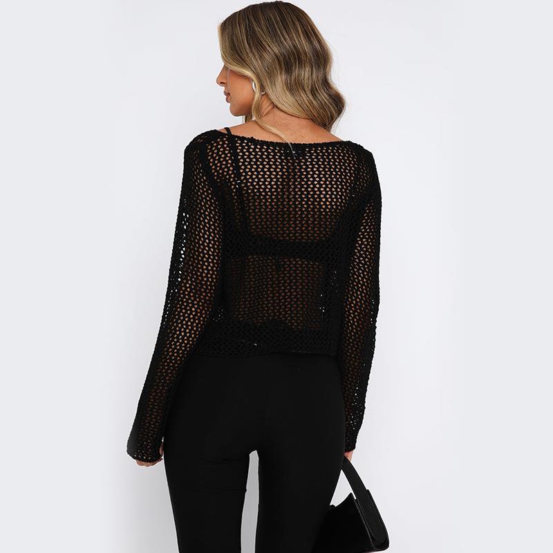 Hollow Out Cutout Sweater Solid Color round Neck Long Sleeve Knitted Blouse