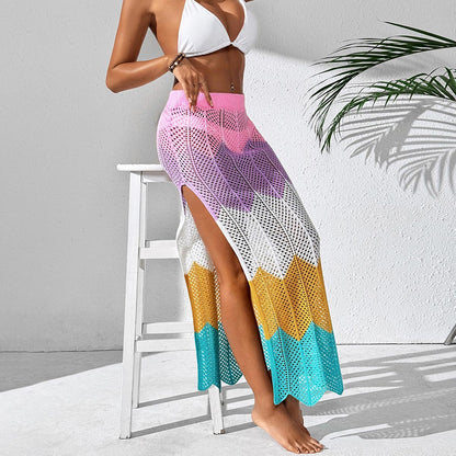Women Beach Dress Women Clothing Color Contrast Patchwork Wave Pattern Sexy Slit Skirt