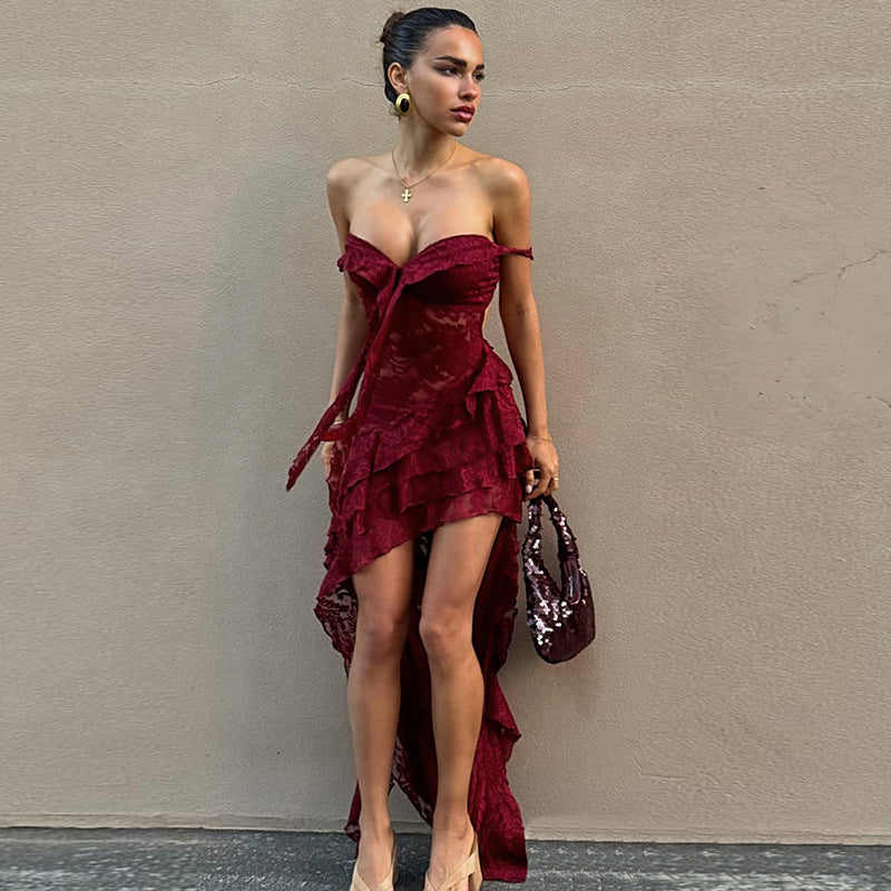Vestido de verano de encaje para mujer, sexy, ajustado, con aberturas, transparente, irregular, asimétrico, con parte superior de tubo