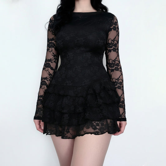 Vestido de mujer oscuro, sexy, ajustado, de manga larga, transparente, con encaje escalonado, cuello redondo, cintura recortada, línea A