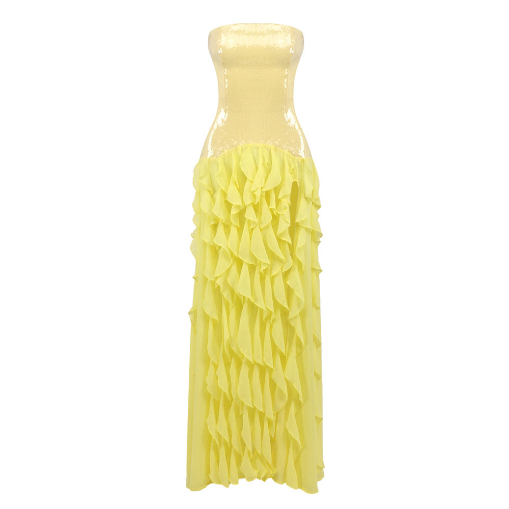 French Tight Waist Yellow Tube Top Dress Holiday Backless Summer Ruffles Women Clothing Tight Waist Sight