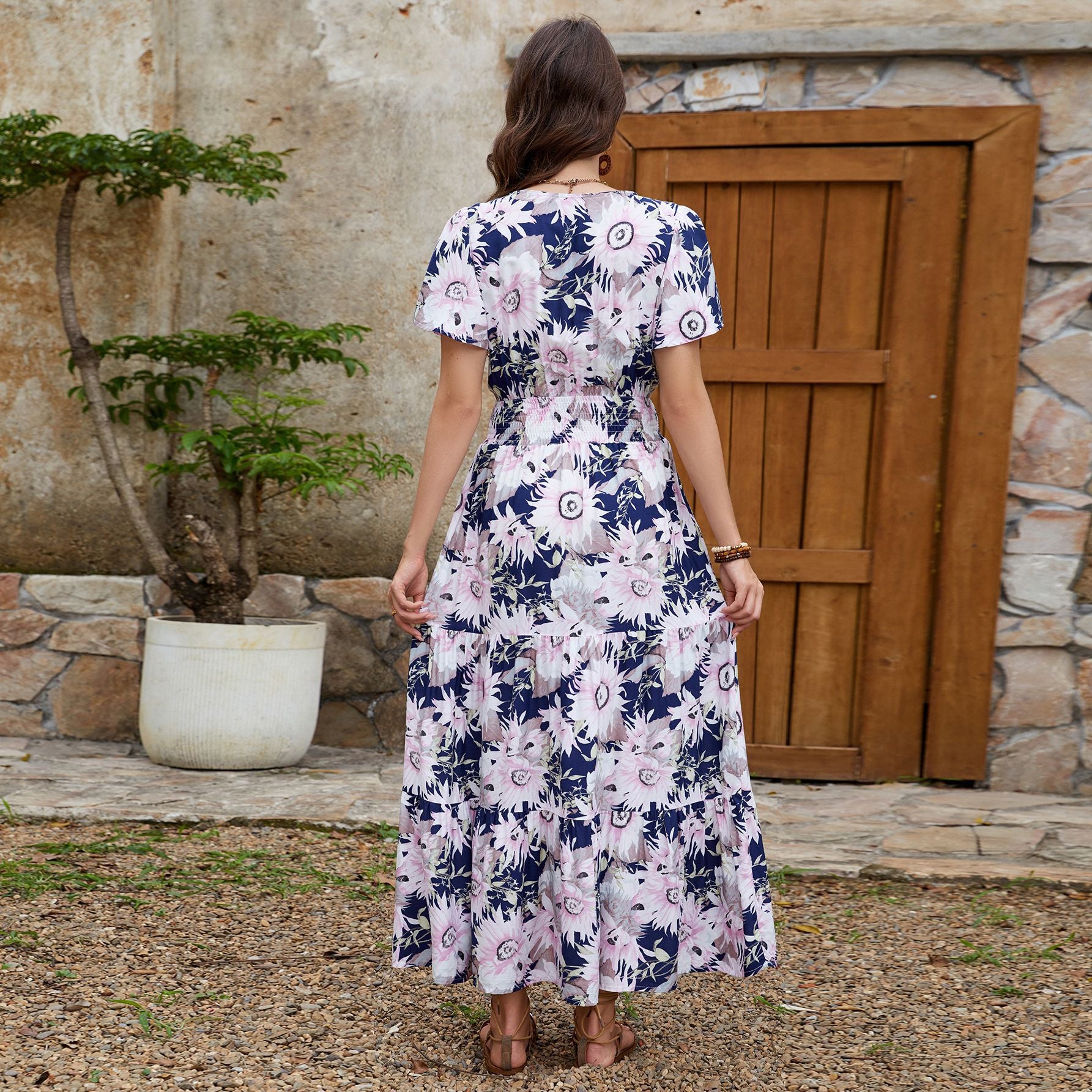 Real Shot Spring Summer Rayon Short Sleeve V neck Slim Fit Figure Flattering Maxi Dress Vacation Dress JoyMer