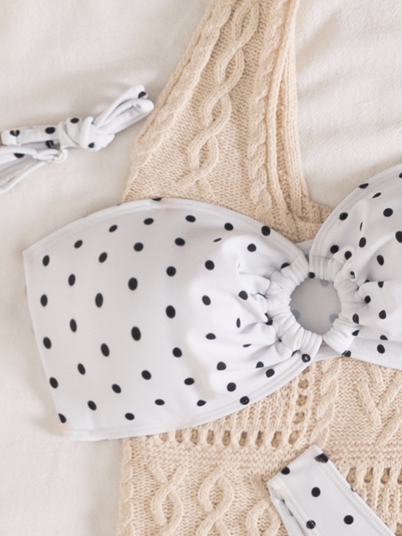 Black White Polka Dot Fresh Advanced Hollowed out Detachable Shoulder Strap Split Bikini OLam