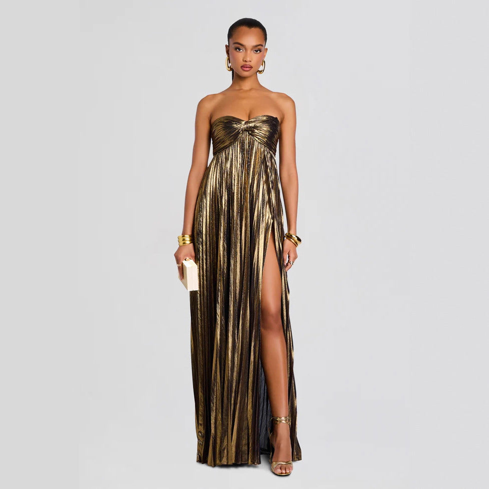 Summer Chest Wrapped Dress Stylish Texture Sexy Slit Women Evening Dresses XUYUN