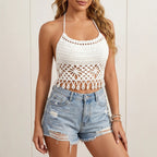Women Clothing Pure Hand Crocheting Imitation Pearl Tassel Stitching Beach Beach Cover Up Camisole Oyimi