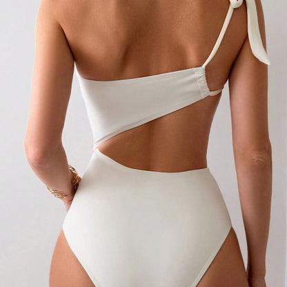 Swimsuit Women One Shoulder Lace Up High Grade Solid Color One Piece Swimsuit Hollow Out Cutout Spring Bathing Suit