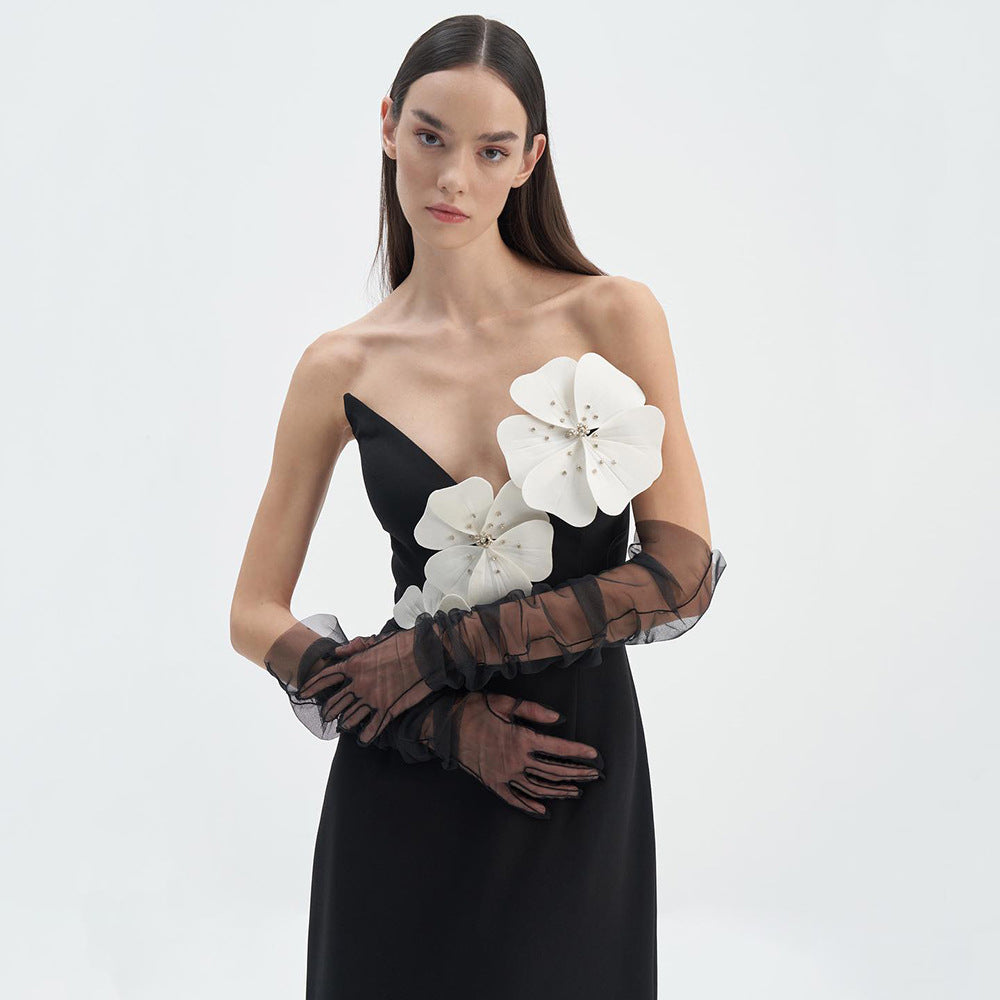 Spring Summer Black Tube Top Dress Floral Diamond Core Split off-Shoulder Design Dress Women Clothing Sight