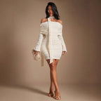 Women Summer Halter Ribbon Texture Slim Fit Slimming off Shoulder Hip Dress Yiskiss