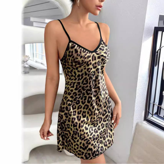 Sexy Backless Ice Silk Suspender Artificial Silk Nightdress Summer Printed Pajamas Short Women Homewear