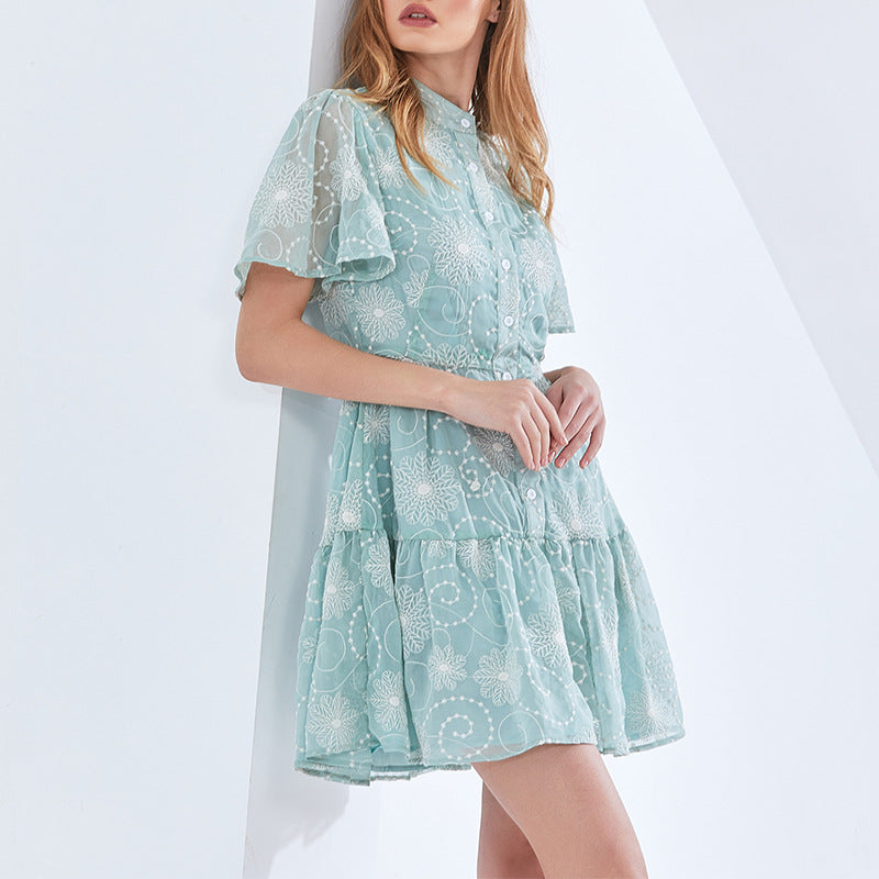 Early Spring Elegant Stand Collar Short Sleeve Printed Short Dress Plus Size Tiered Dress BOCAS
