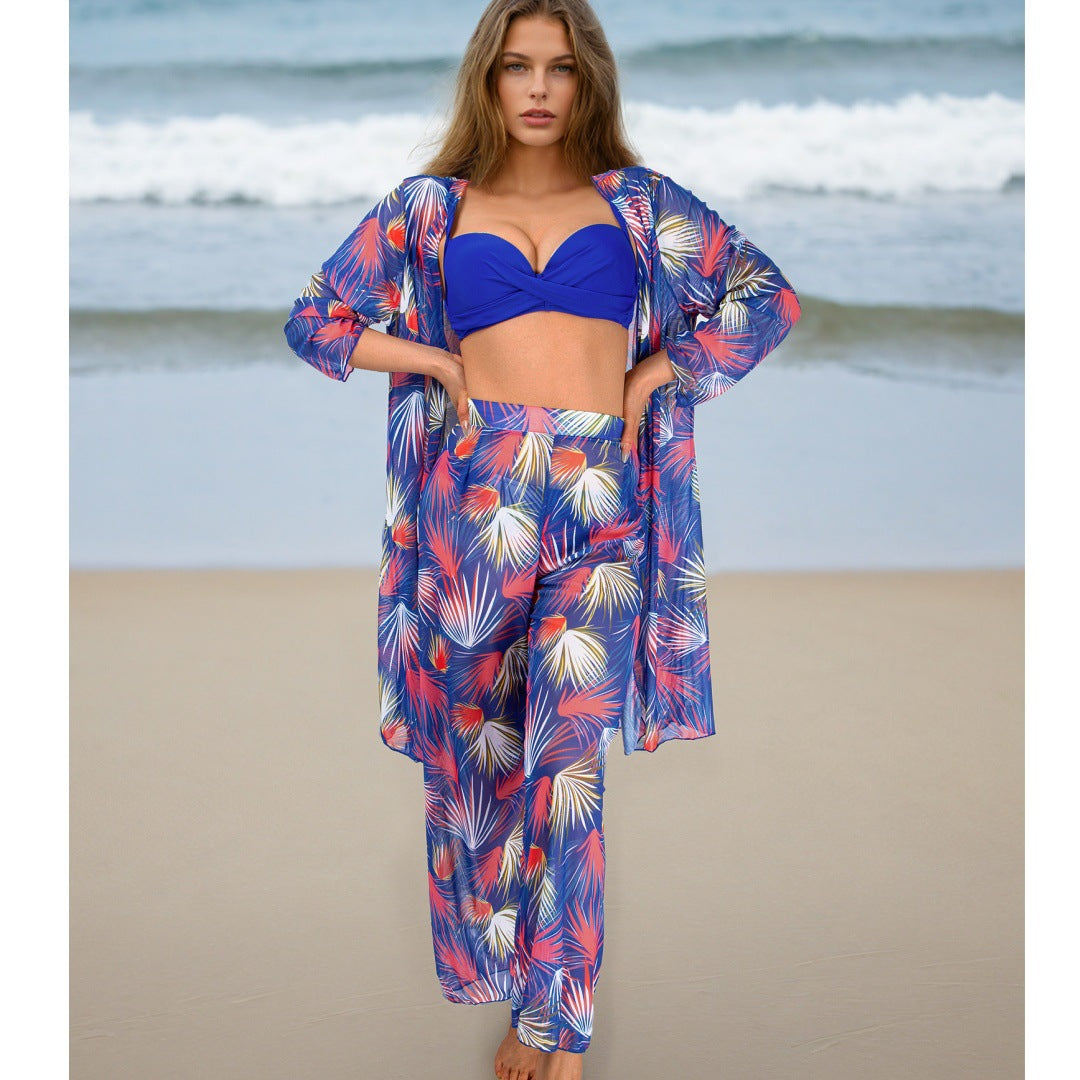 Conjunto de cuatro piezas para mujer, traje de baño de manga larga, blusa, pantalones de protección solar, bikini