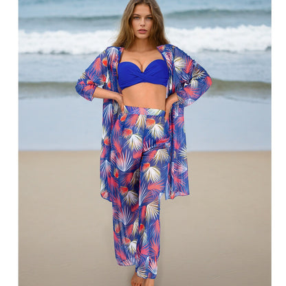 Conjunto de cuatro piezas para mujer, traje de baño de manga larga, blusa, pantalones de protección solar, bikini
