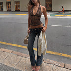 Summer Top Sexy See through Leopard Print Sexy Deep V Plunge neck Slim Fit Halter Mesh Wrapped Chest LAGERFELD