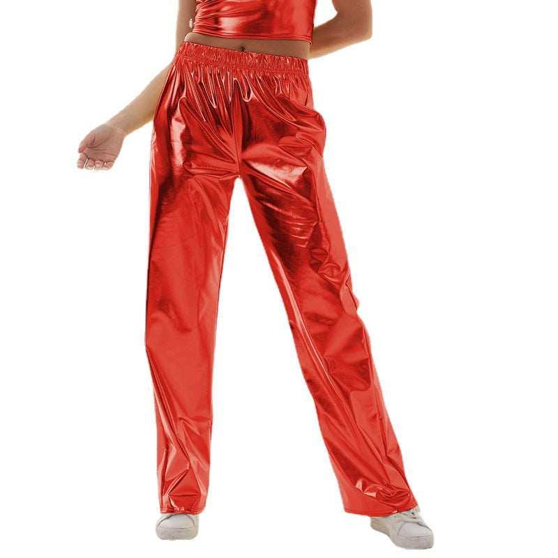 Pantalones casuales de tela con revestimiento metálico para mujer, diseño de calle, pantalones rectos de cintura alta con degradado láser Aurora, pantalones elásticos a juego.