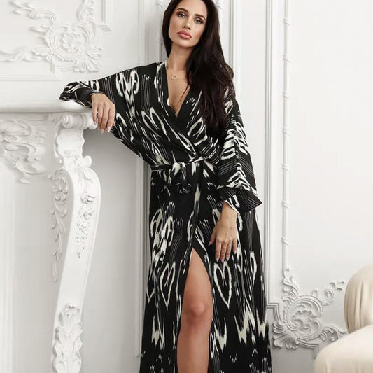 Bata de otoño larga holgada informal para el hogar con estampado de seda artificial para mujer