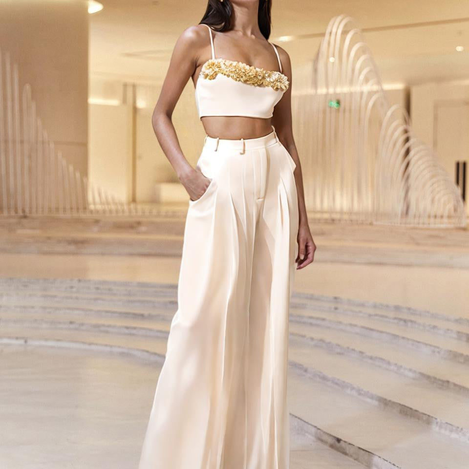 Spring Slim Fit High Grade Slim Sexy White Beautiful High Waist Wide Leg Women Two Piece Sets Sailfish