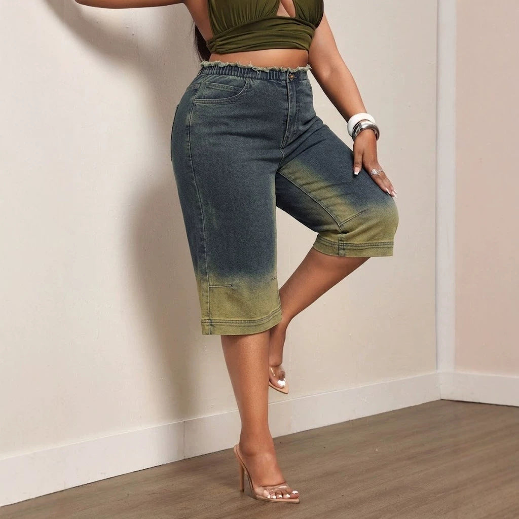 Women Mid Waist Wide Leg High Elastic Contrast Color Denim Pants Summer Loose All Match Cropped Pants YUPENG
