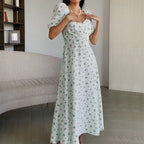 Summer Women Clothing Fresh Sweet Square Collar Long Floral Dress Romance