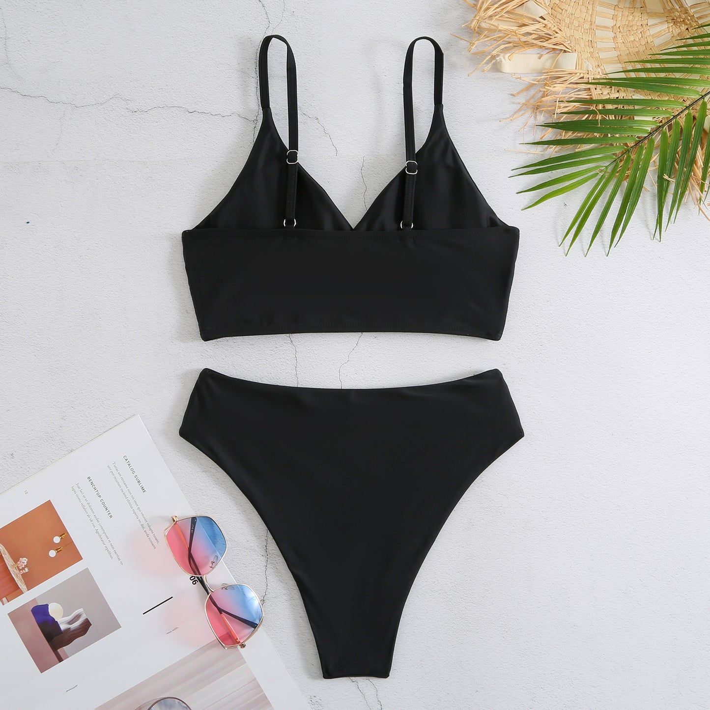Traje de baño de bikini de color sólido de cintura alta para mujer traje de baño sexy bikini