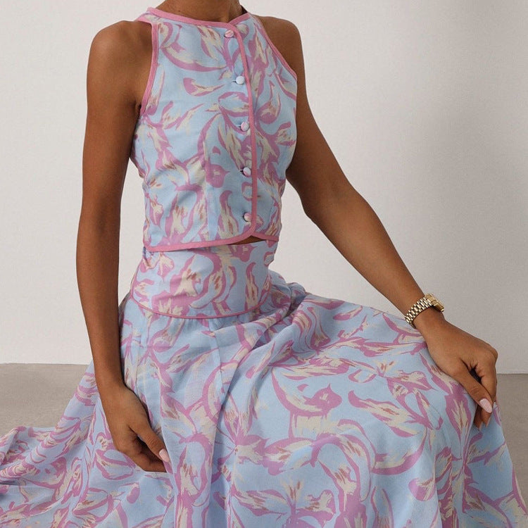 Summer Printed Skirt Set Women Arrival round Neck Sleeveless Cardigan Top Skirt Two Piece Set Commuting Kigali