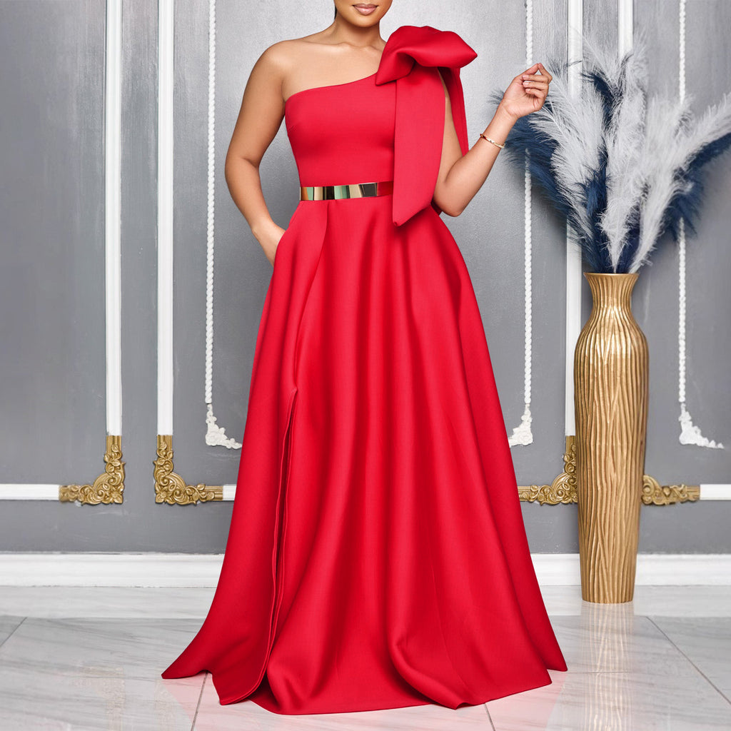 Summer Graceful Fashionable Oblique Shoulder Bow Cocktail Formal Maxi Dress Morn