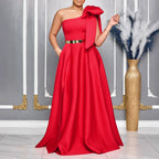 Summer Graceful Fashionable Oblique Shoulder Bow Cocktail Formal Maxi Dress Morn