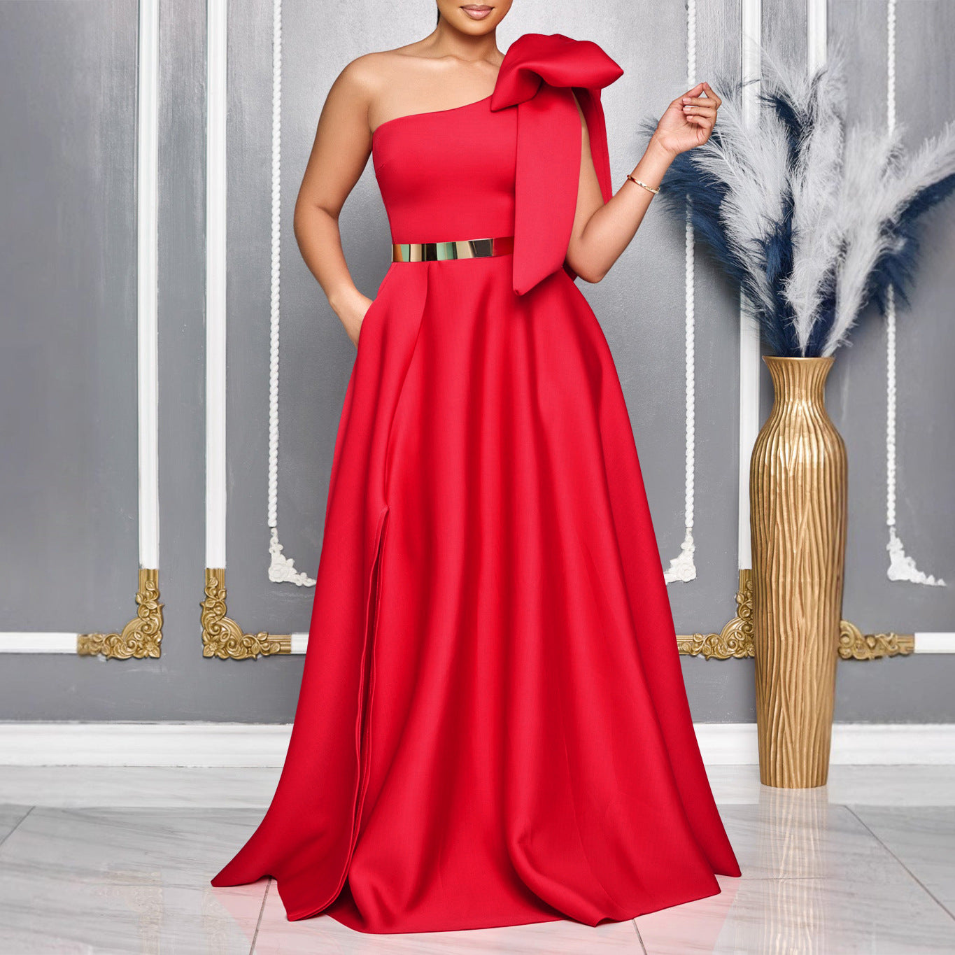 Summer Graceful Fashionable Oblique Shoulder Bow Cocktail Formal Maxi Dress Morn