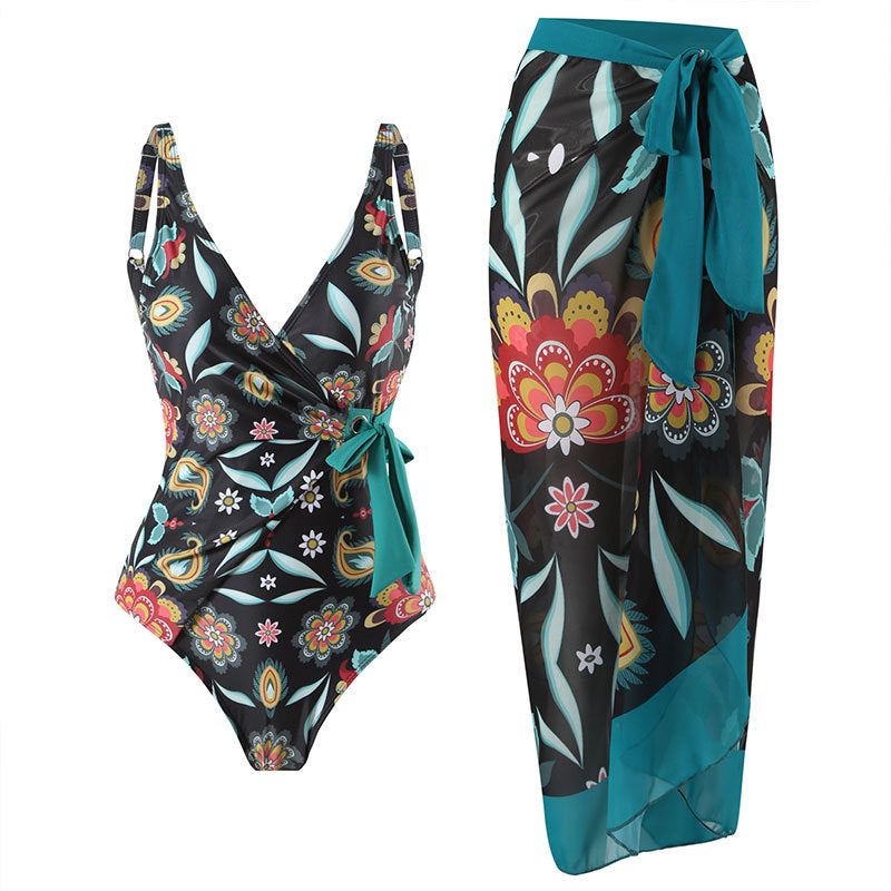 Traje de baño de gasa para mujer, estilo siamés, conservador, con espalda descubierta y falda playera