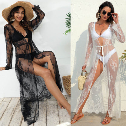 Women Clothing Sexy See-Through Lace Lace-Up Waist-Controlled Beach Cover-Up Female
