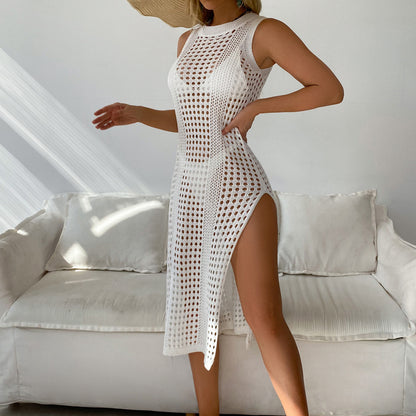 Vacation Sexy Solid Color round Neck Sleeveless Breathable Knitted Long High Slit Dress Beach Sun Protection Blouse Crochet hook