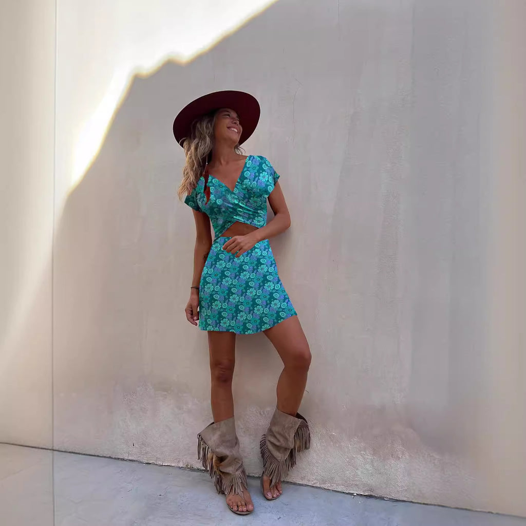 Summer Short Sleeve Two Sided Wear Printed Short Dress Gemi