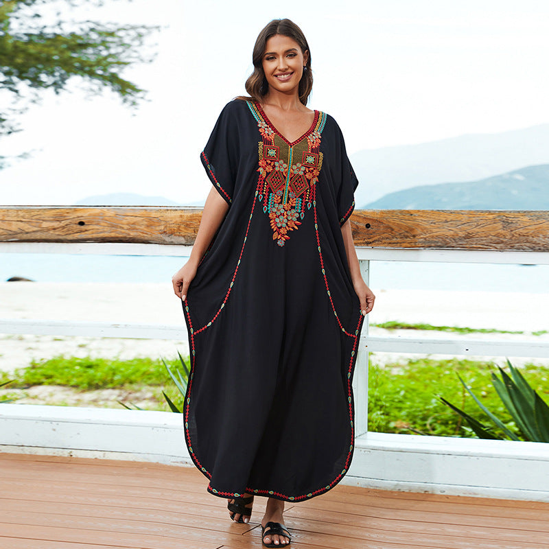Robe longue décontractée pour les vacances, paréo de plage, robe brodée, maillot de bain, vêtement d'extérieur